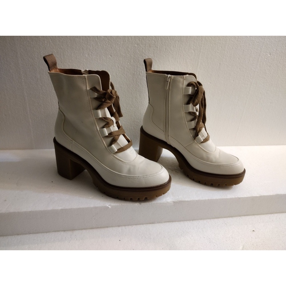 Ankle Boots Womens 9 Lace Up Chunky Lug Sole Block Heel Side Zip Cream Brown